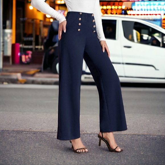 New Sailor Casual Wide Leg Pants with gold  front Buttons 👖 💙⛴️ - Picture 4 of 9